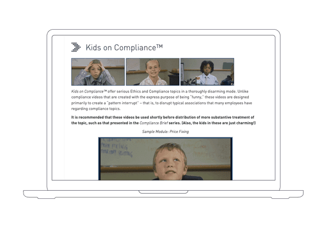Computer screen displaying kids on compliance videos for engaging training
