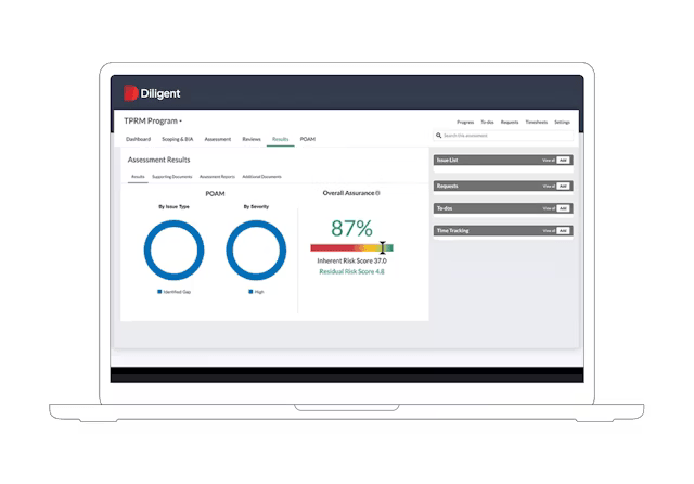 Screenshot showcasing Diligent's software: Simplify vendor comparison with a risk matrix, prioritize remediation, and generate custom reports for better insights. Reduce the risk of security breaches.