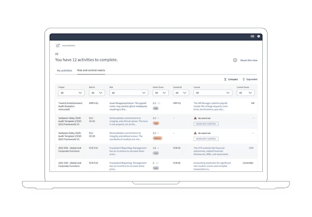 Screenshot showcasing program capabilities: Manage all risks and controls centrally. Create compelling reports with customizable narratives and attribute testing.