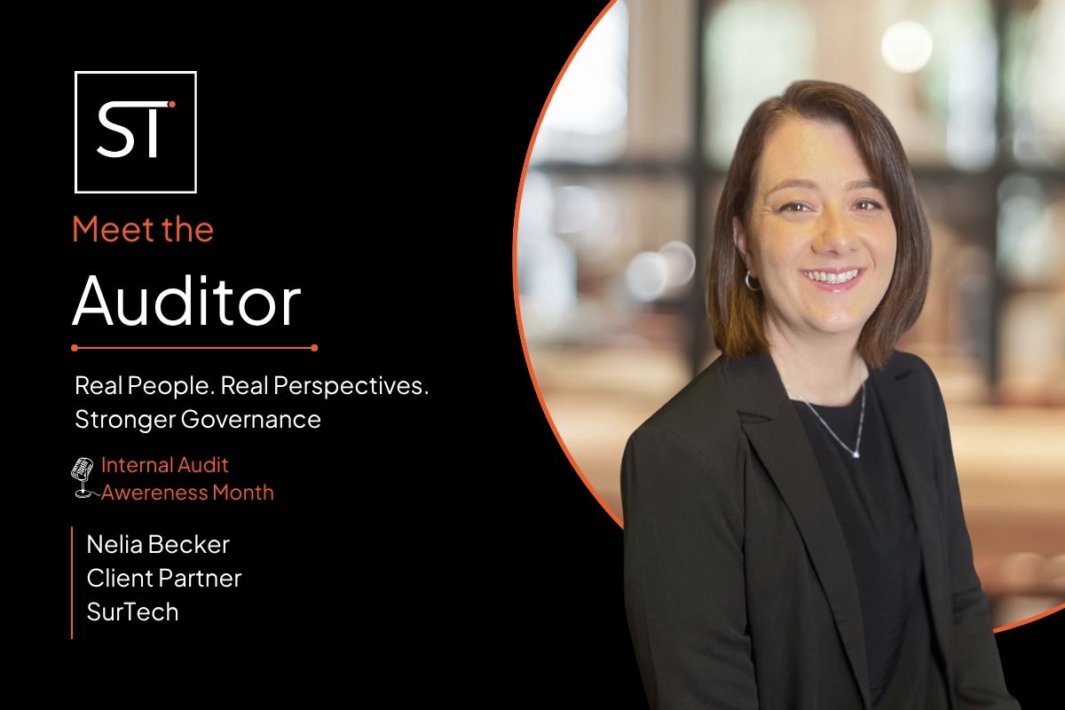 Nelia Becker Promotional banner with a smiling woman in a blazer beside the text 'Meet the Auditor' and 'Internal Audit Awareness Month'.