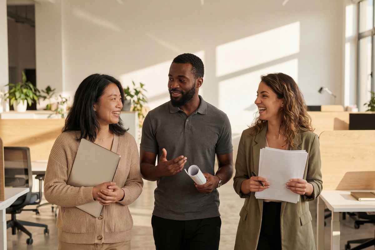 3 internal audit professionals take a walk around their office as they discuss upcoming AI assurance policies.