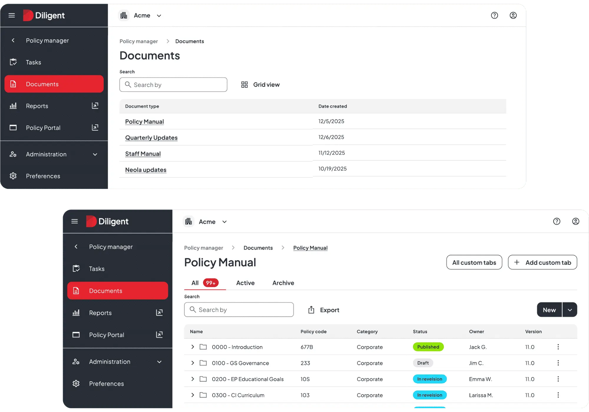 Screenshots of the diligent compliance solution, showing the documents and policy manual features.